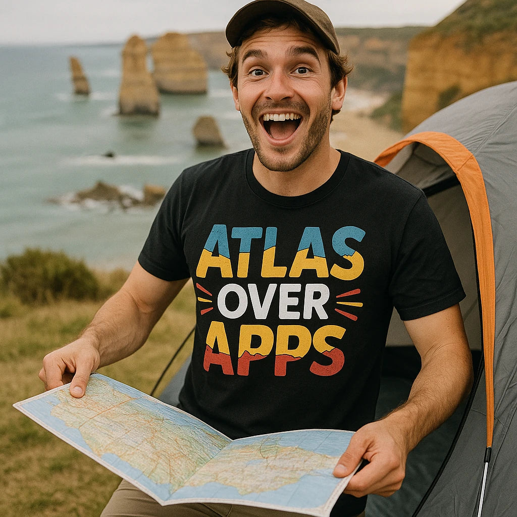 "Atlas Over Apps" black road trippin t shirt, photographed as gifts for road trip lovers
