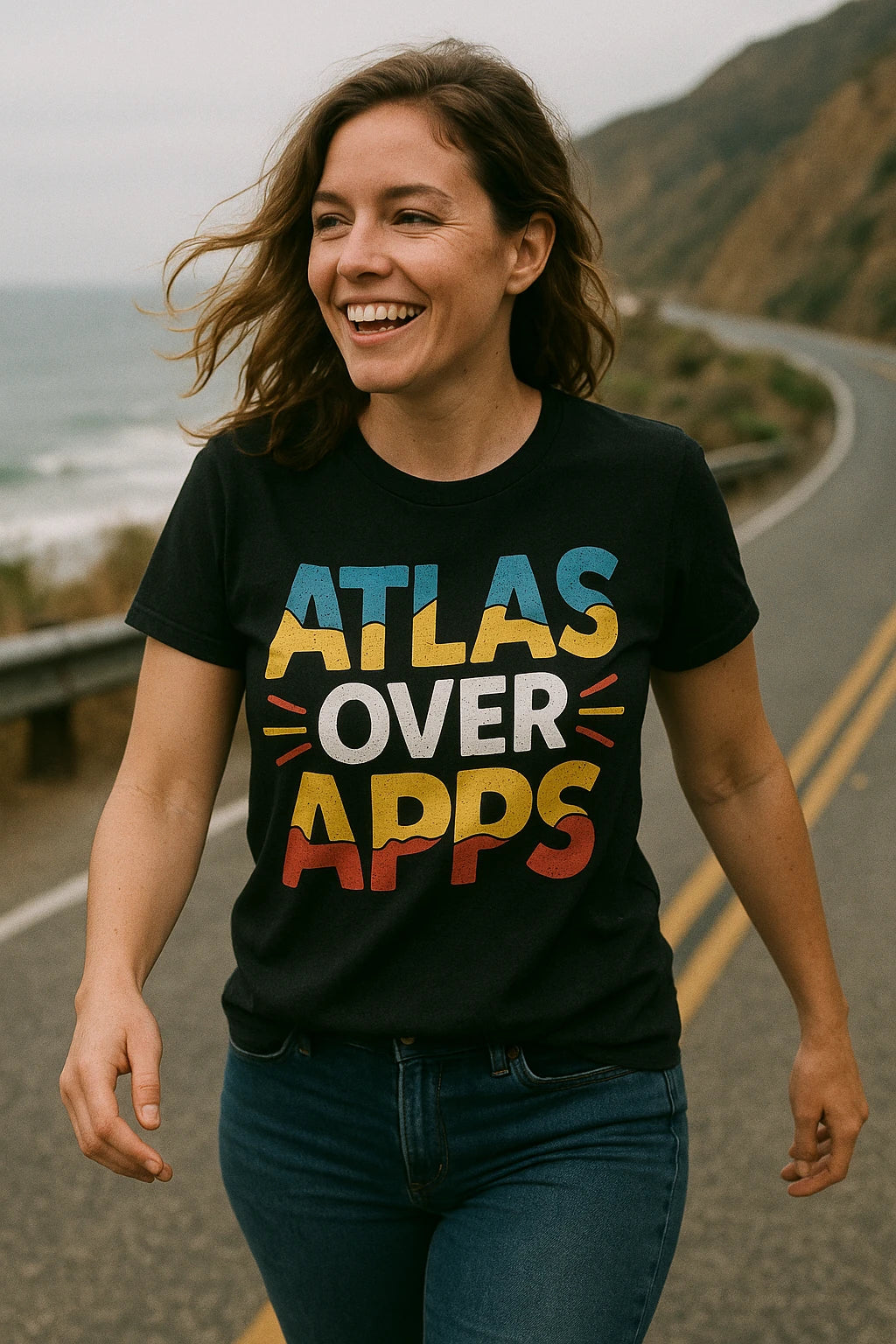 Close-up of the "Atlas Over Apps" gold print on a premium Bella+Canvas black road trippin t shirt