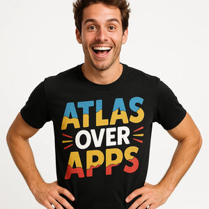 Person wearing the black road trippin t shirt graphic tee - "Atlas Over Apps" design