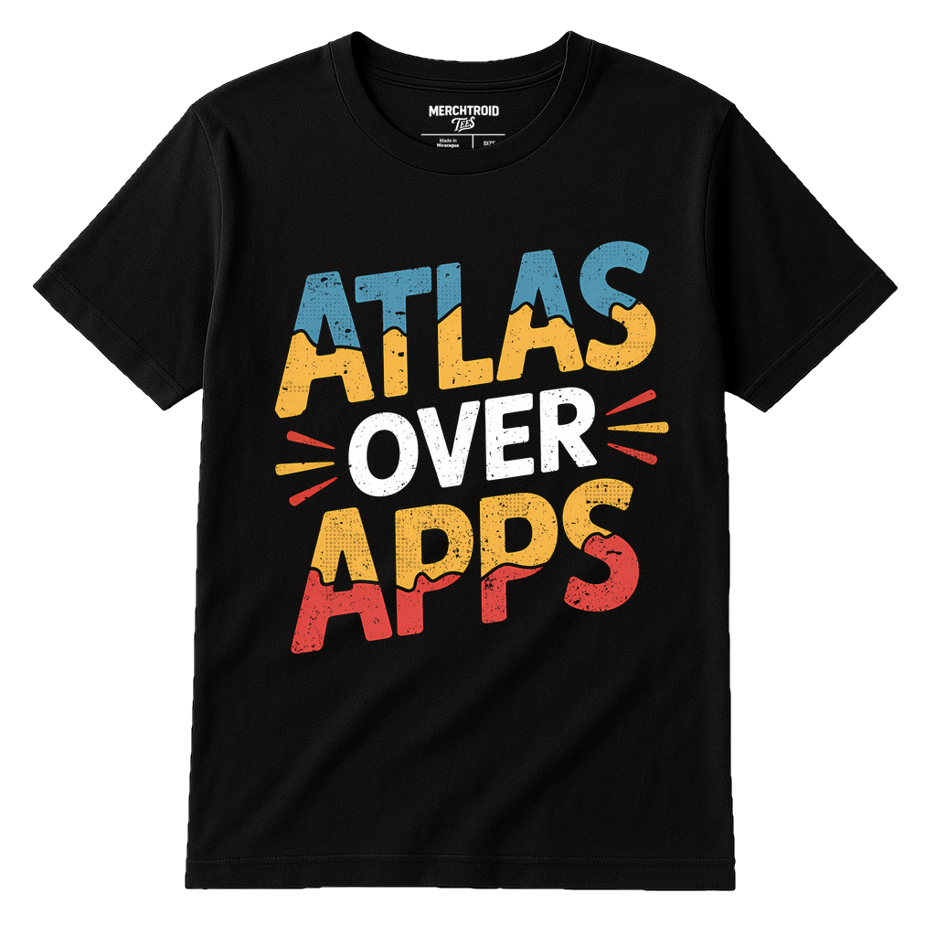 Black Road Trippin T Shirt - "Atlas Over Apps" graphic tee with gold print, flat lay product photo