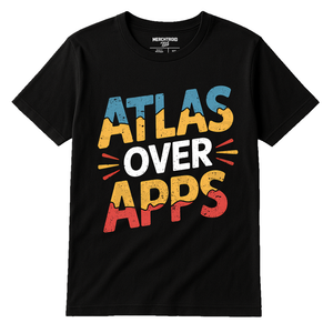 Black Road Trippin T Shirt - "Atlas Over Apps" graphic tee with gold print, flat lay product photo