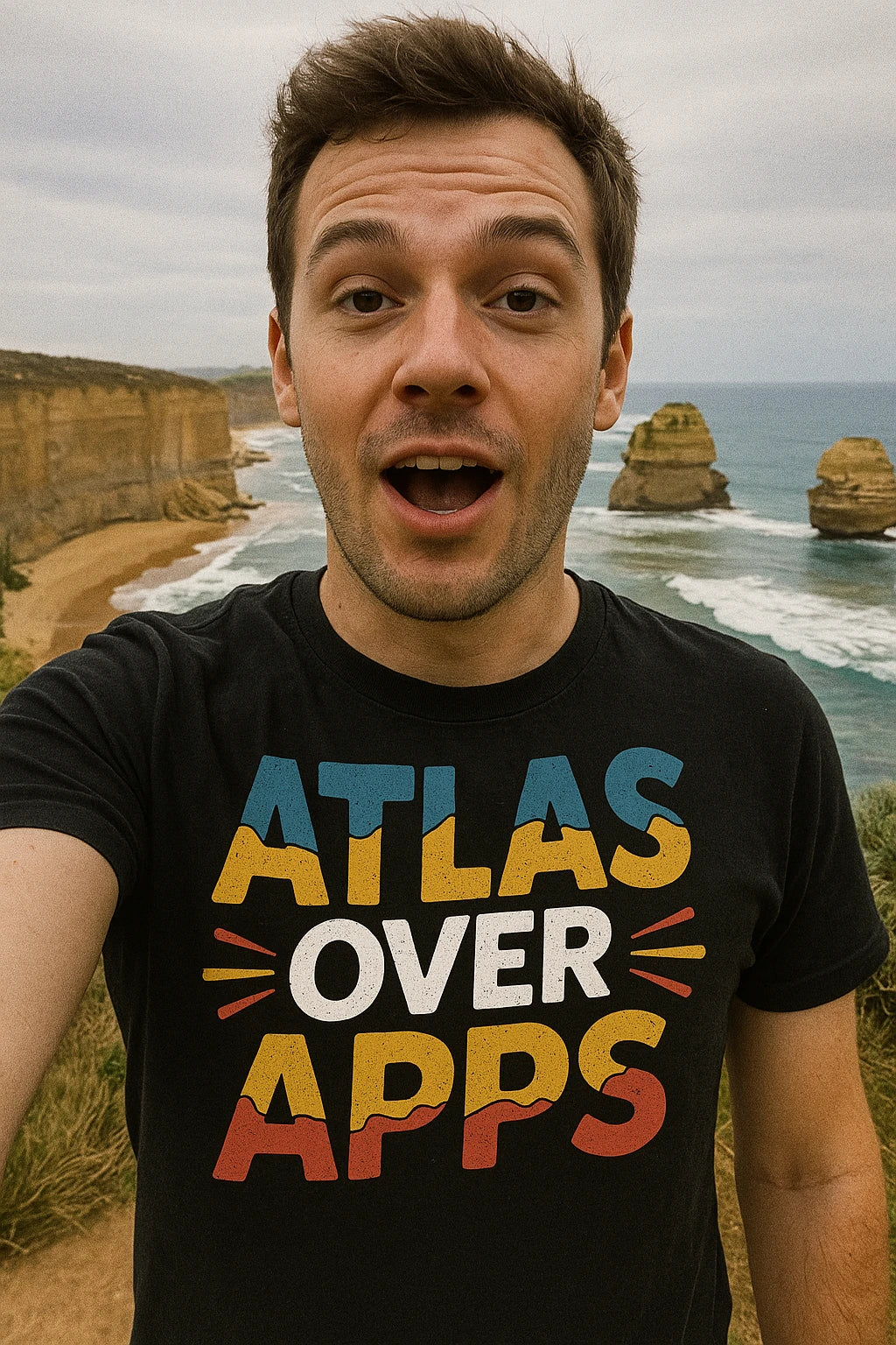 Back view of the "Atlas Over Apps" black road trippin t shirt