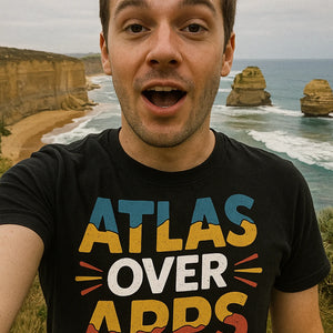 Back view of the "Atlas Over Apps" black road trippin t shirt