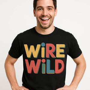 Close-up of the "Wire Wild" orange print on a premium Bella+Canvas black jewelry making t shirt