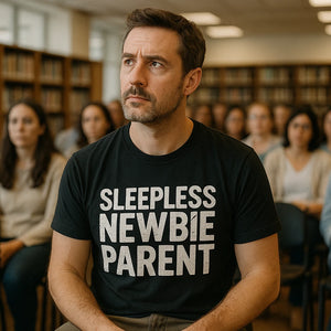 Lifestyle shot of the "Sleepless Newbie Parent" black new parents matching shirts in a real-world setting