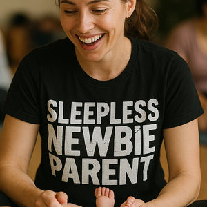 "Sleepless Newbie Parent" black new parents matching shirts, photographed as new parents lover gift