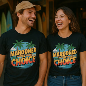 Person wearing the black islands shirts graphic tee - "Marooned By Choice" design