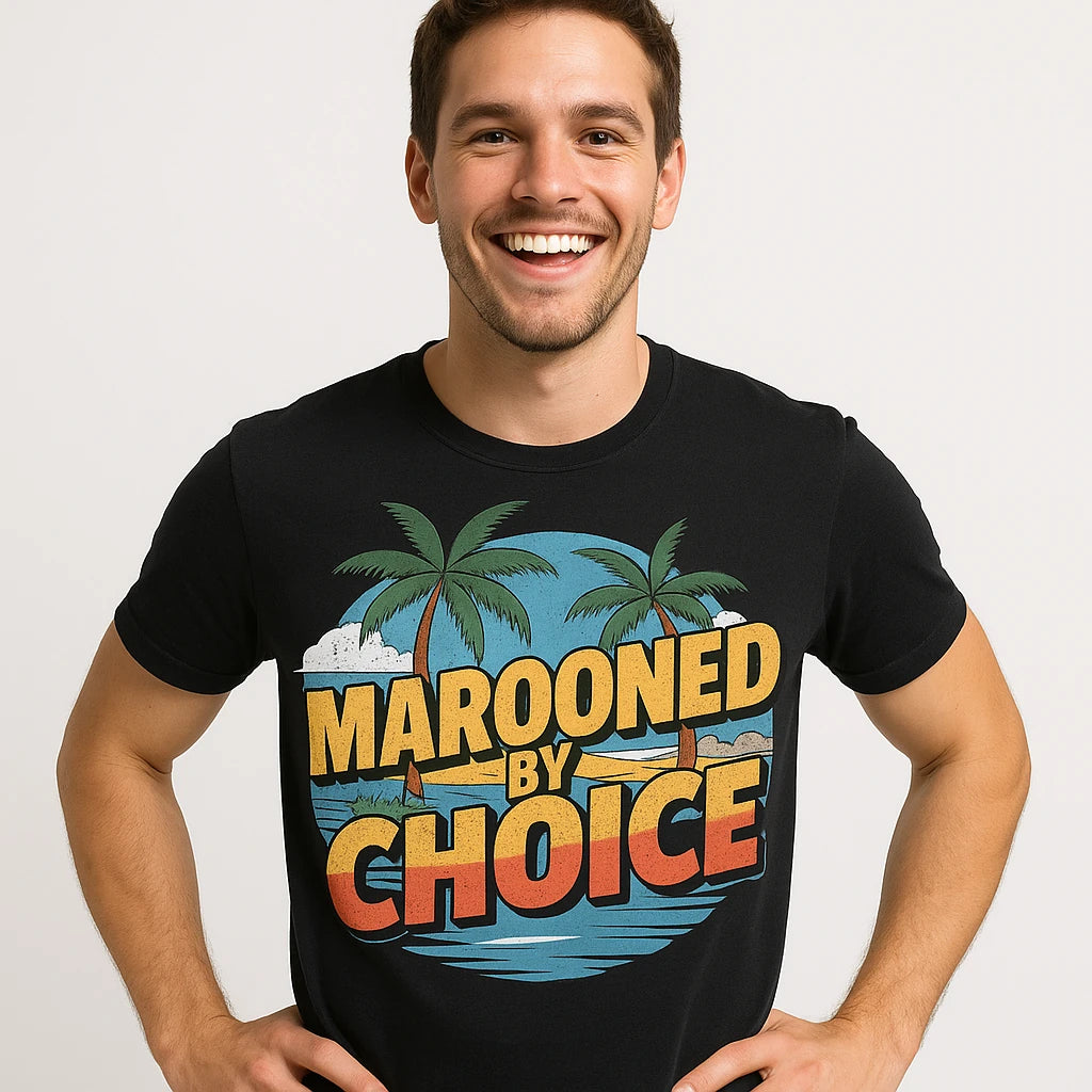 Close-up of the "Marooned By Choice" gold print on a premium Bella+Canvas black islands shirts