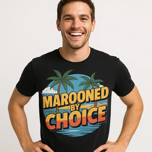 Close-up of the "Marooned By Choice" gold print on a premium Bella+Canvas black islands shirts