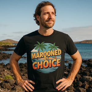 Lifestyle shot of the "Marooned By Choice" black islands shirts in a real-world setting