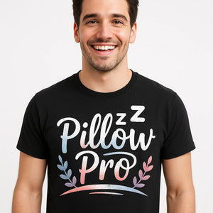 Close-up of the "Pillow Pro" white print on a premium Bella+Canvas black ladies sleep shirts
