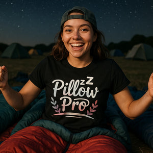 Lifestyle shot of the "Pillow Pro" black ladies sleep shirts in a real-world setting