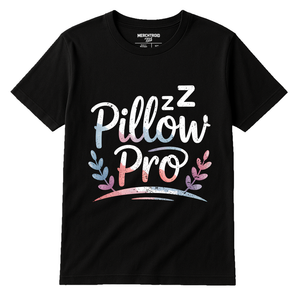 Black Ladies Sleep Shirts - "Pillow Pro" graphic tee with white print, flat lay product photo