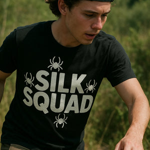 "Silk Squad" black spider tee shirt, photographed as gifts for spider lovers