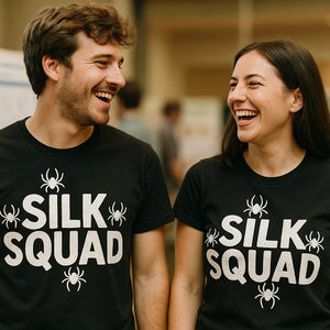 Person wearing the black spider tee shirt graphic tee - "Silk Squad" design