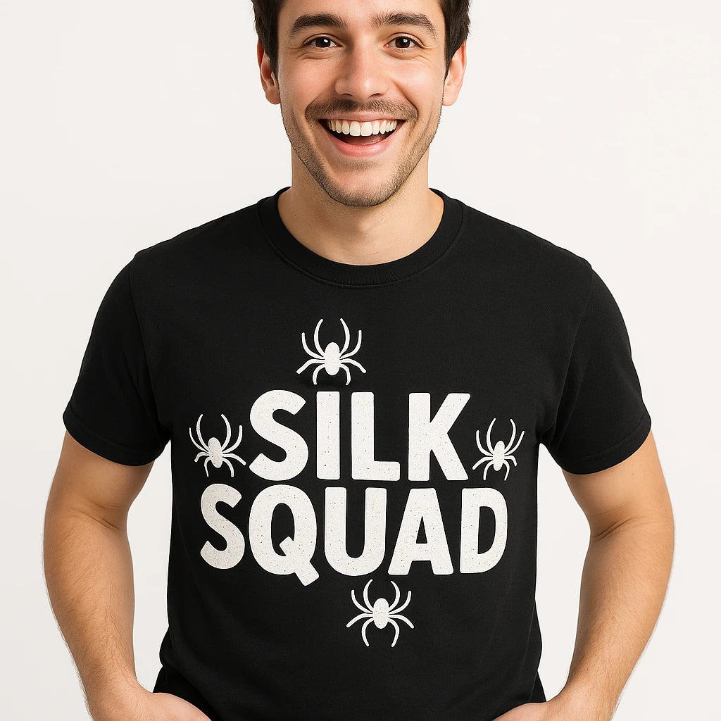 Close-up of the "Silk Squad" white print on a premium Bella+Canvas black spider tee shirt