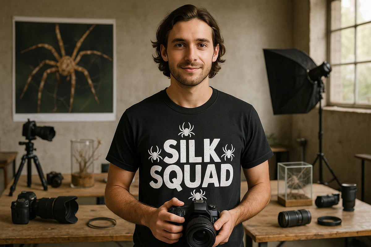 Lifestyle shot of the "Silk Squad" black spider tee shirt in a real-world setting