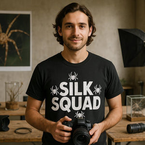 Lifestyle shot of the "Silk Squad" black spider tee shirt in a real-world setting