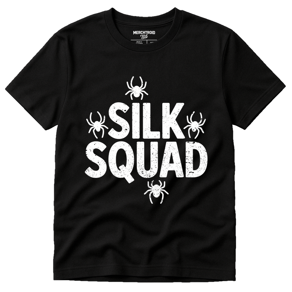 Black Spider Tee Shirt - "Silk Squad" graphic tee with white print, flat lay product photo
