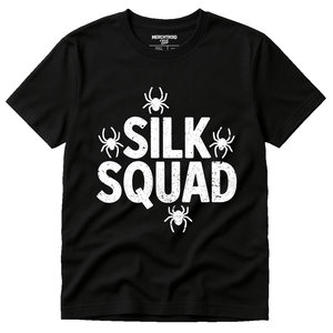 Black Spider Tee Shirt - "Silk Squad" graphic tee with white print, flat lay product photo