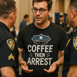 "Coffee Then Arrest" black police officer t shirt - also a retirement gift ideas for police officer