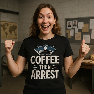 Lifestyle shot of the "Coffee Then Arrest" black police officer t shirt in a real-world setting
