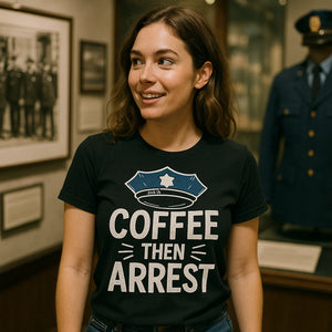"Coffee Then Arrest" black police officer t shirt - also one of the best gift for a new police officer