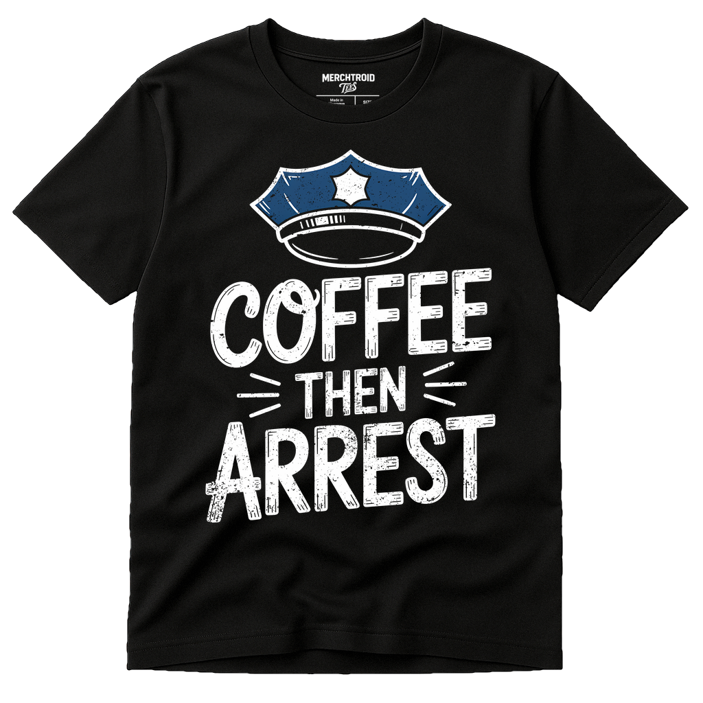 Black Police Officer T Shirt - "Coffee Then Arrest" graphic tee with white print, flat lay product photo