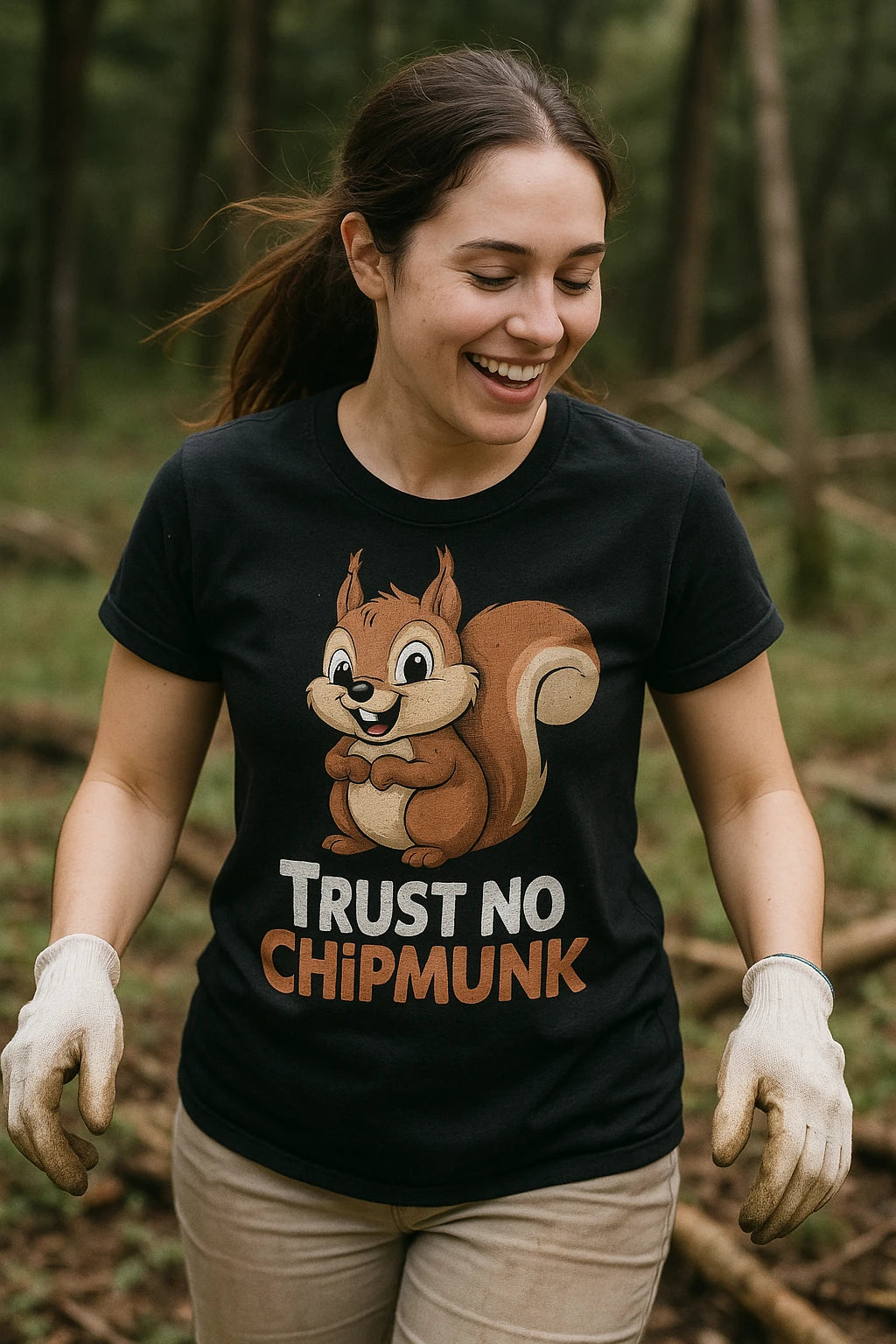 "Trust No Chipmunk" black squirrel t shirt, photographed as unique gifts for squirrel lovers