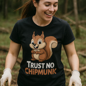 "Trust No Chipmunk" black squirrel t shirt, photographed as unique gifts for squirrel lovers