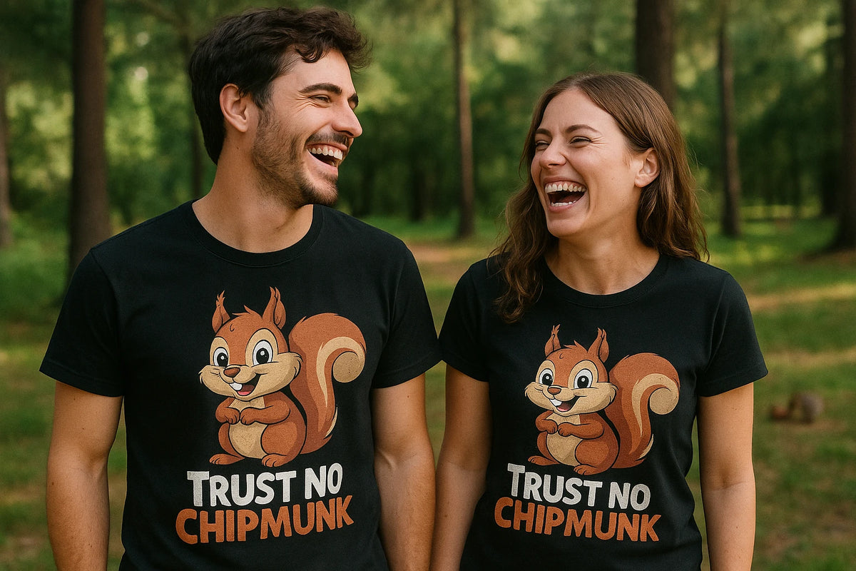 Person wearing the black squirrel t shirt graphic tee - "Trust No Chipmunk" design