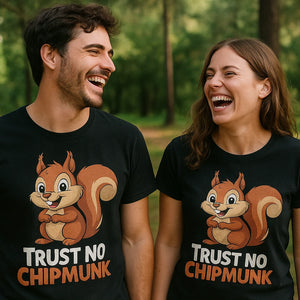 Person wearing the black squirrel t shirt graphic tee - "Trust No Chipmunk" design