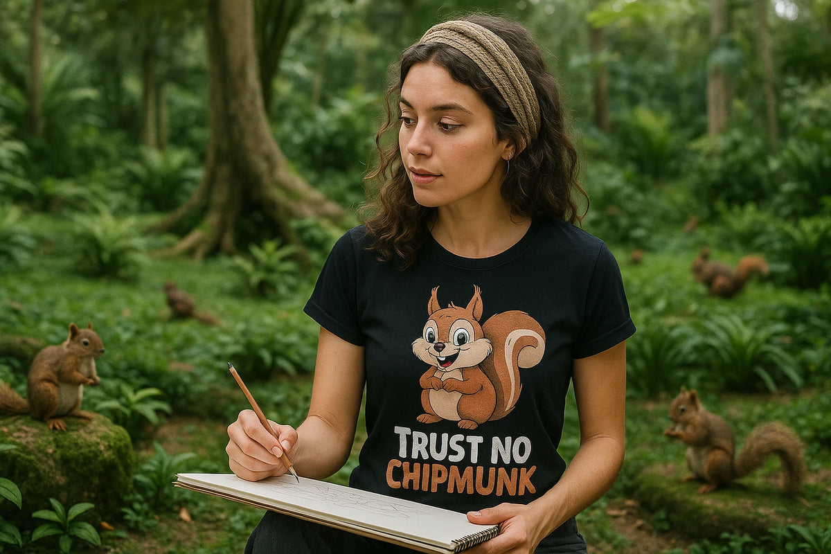 Lifestyle shot of the "Trust No Chipmunk" black squirrel t shirt in a real-world setting