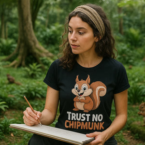 Lifestyle shot of the "Trust No Chipmunk" black squirrel t shirt in a real-world setting