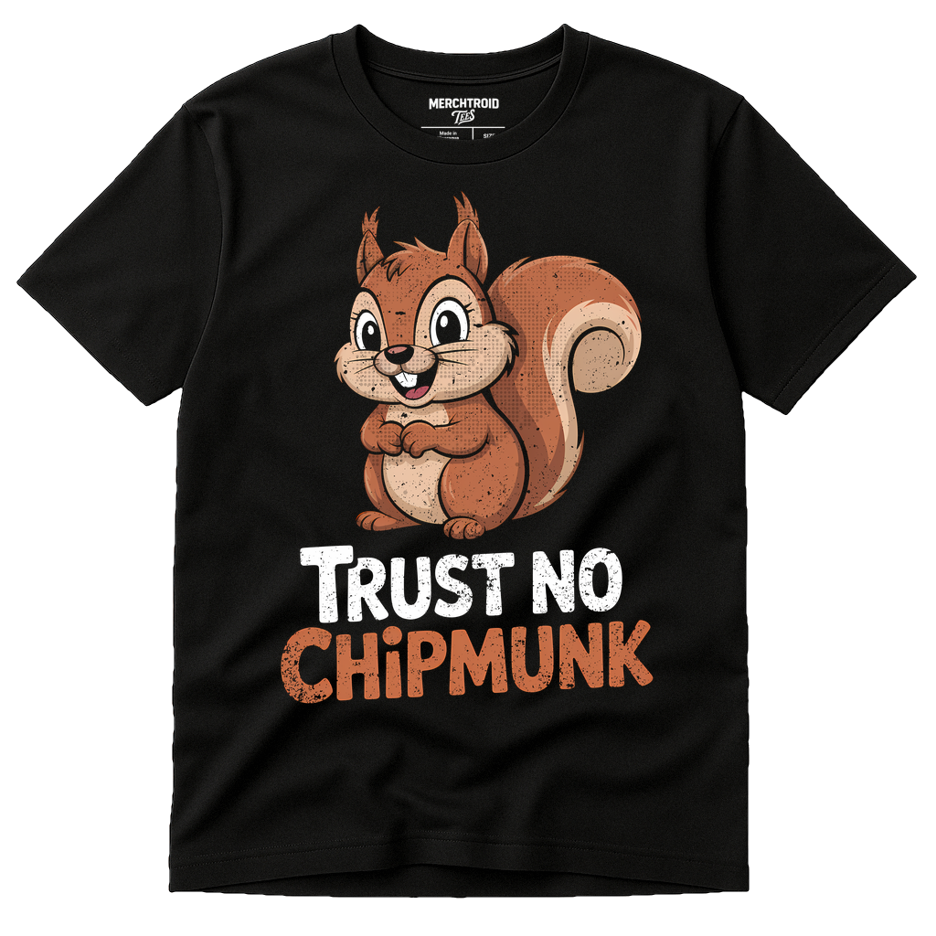 Black Squirrel T Shirt - "Trust No Chipmunk" graphic tee with gold print, flat lay product photo