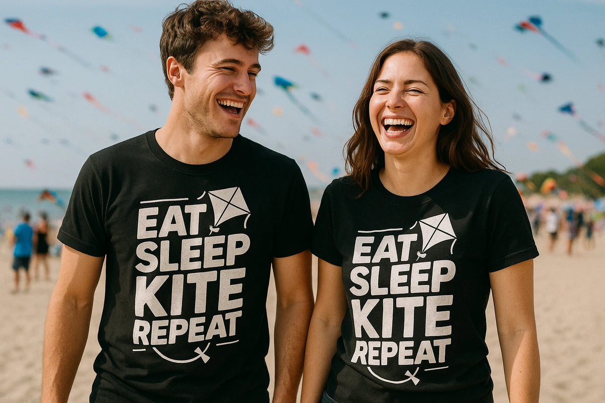 Person wearing the black kite flying t shirt graphic tee - "Eat Sleep Kite Repeat" design