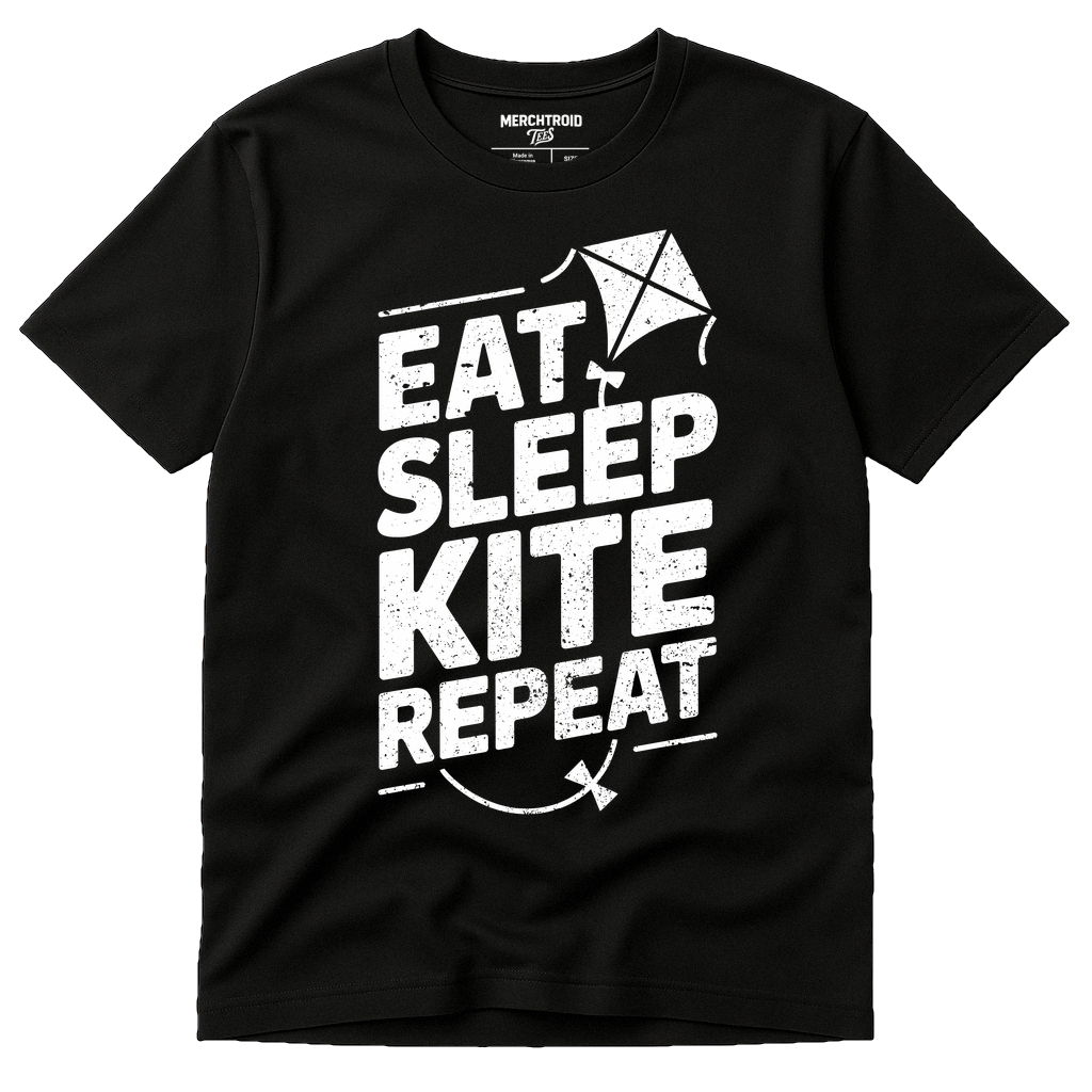 Black Kite Flying T Shirt - "Eat Sleep Kite Repeat" graphic tee with white print, flat lay product photo