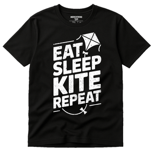 Black Kite Flying T Shirt - "Eat Sleep Kite Repeat" graphic tee with white print, flat lay product photo