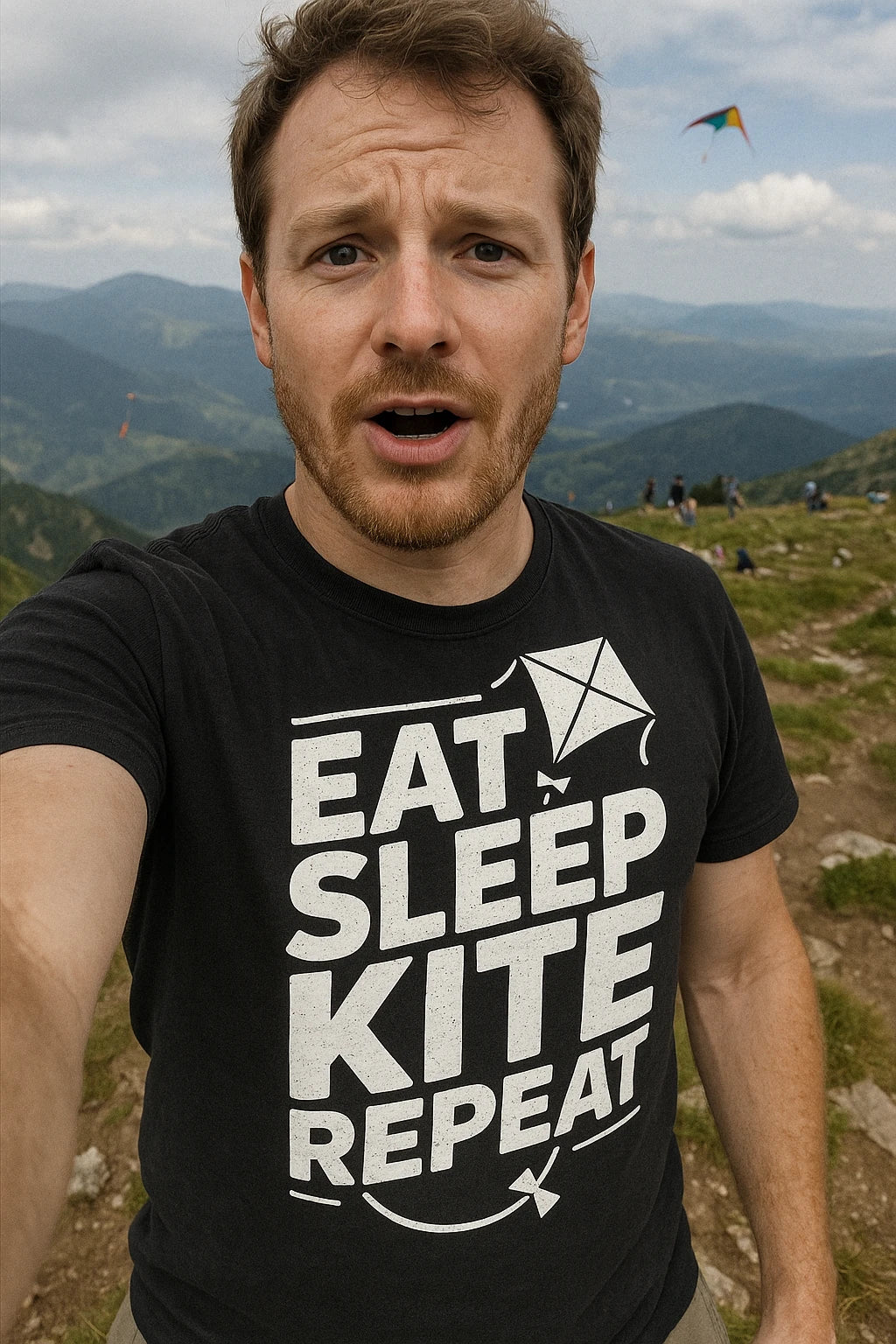 "Eat Sleep Kite Repeat" black kite flying t shirt, photographed as kite flying gift