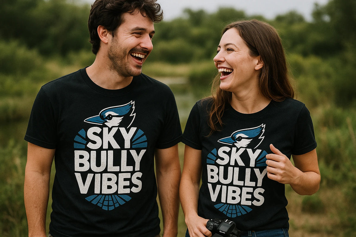 Person wearing the black blue jay t shirt graphic tee - "Sky Bully Vibes" design
