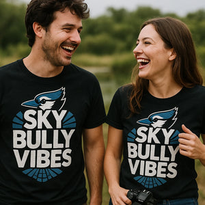 Person wearing the black blue jay t shirt graphic tee - "Sky Bully Vibes" design