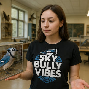 Lifestyle shot of the "Sky Bully Vibes" black blue jay t shirt in a real-world setting