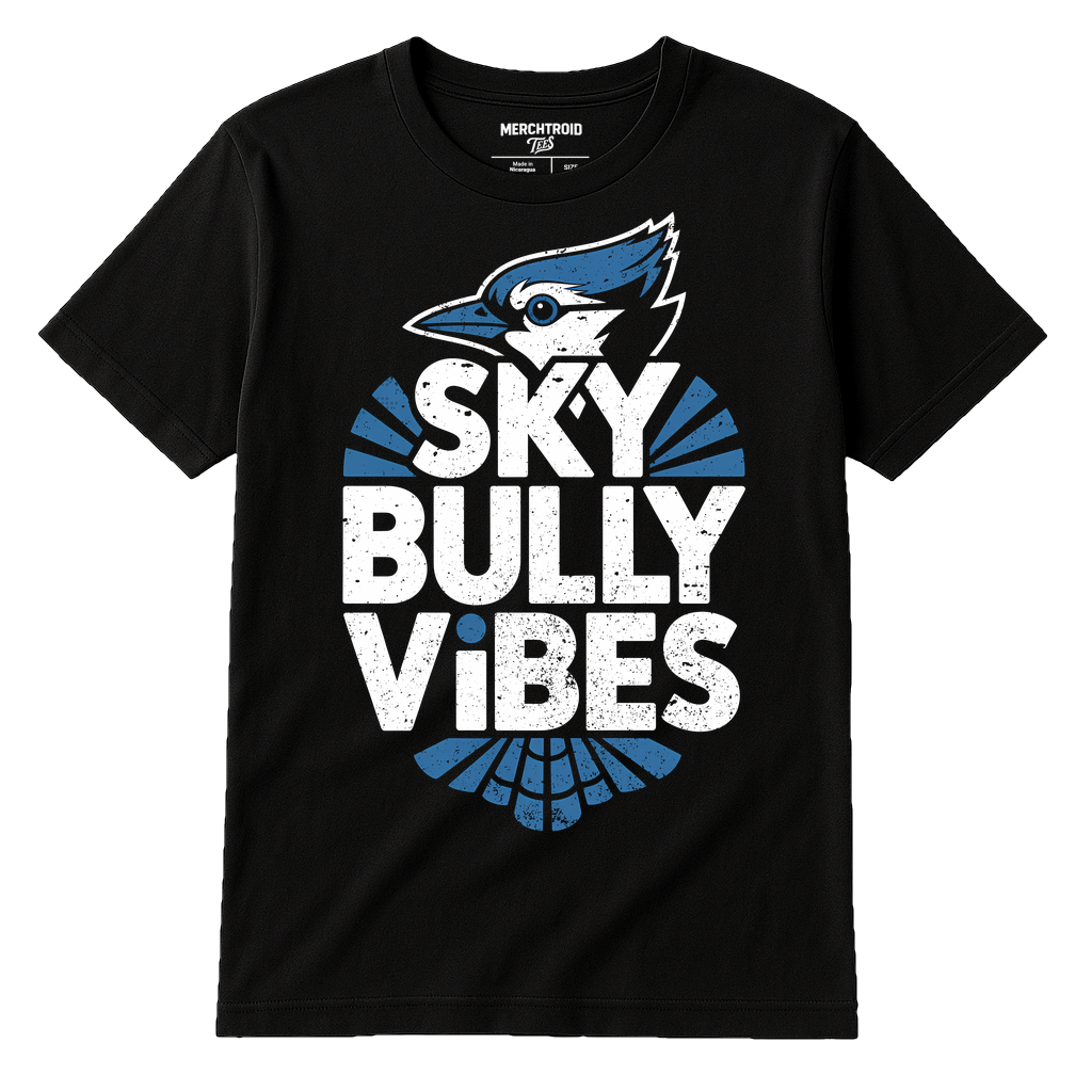 Black Blue Jay T Shirt - "Sky Bully Vibes" graphic tee with white print, flat lay product photo