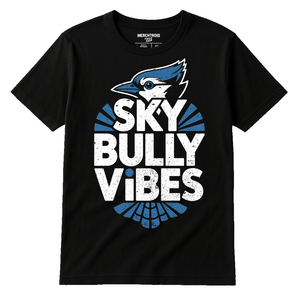 Black Blue Jay T Shirt - "Sky Bully Vibes" graphic tee with white print, flat lay product photo