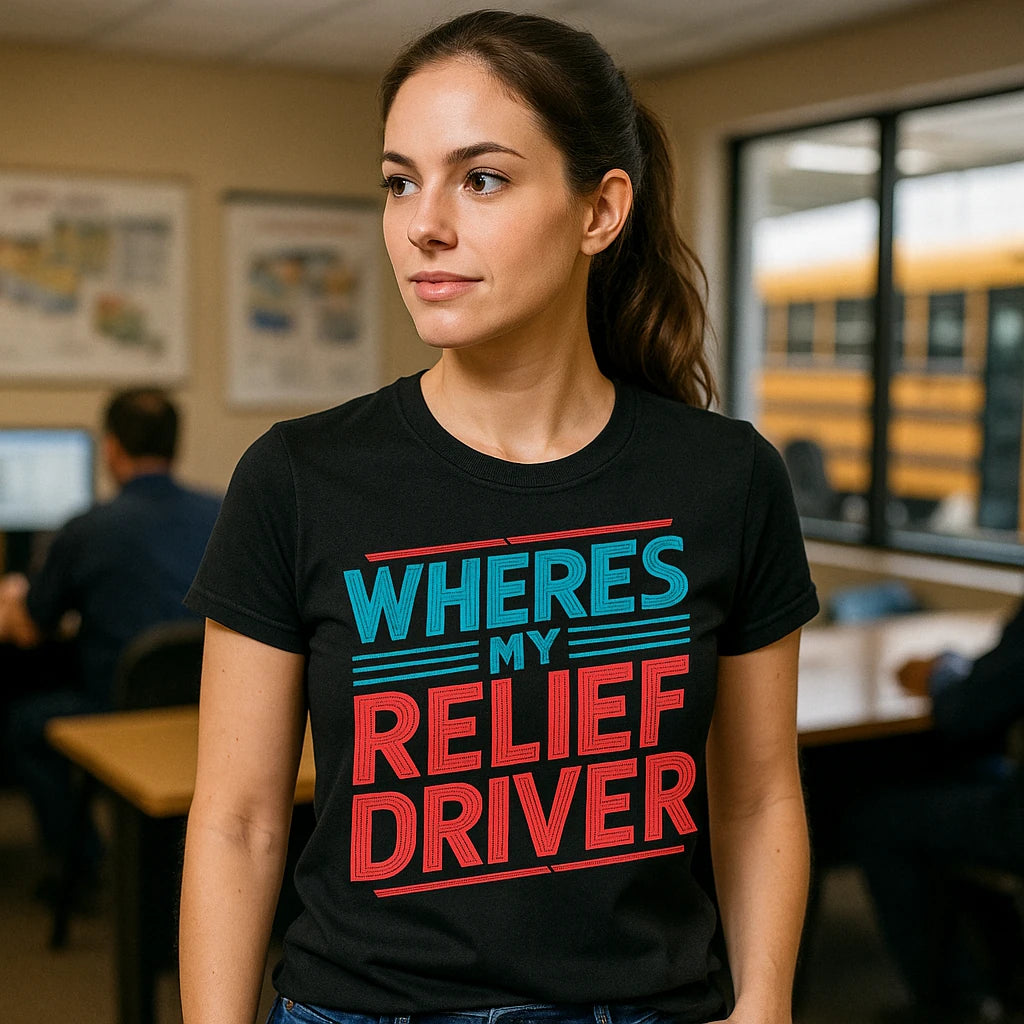 "Wheres My Relief Driver" black bus driver t shirt - also a gift ideas for male bus driver