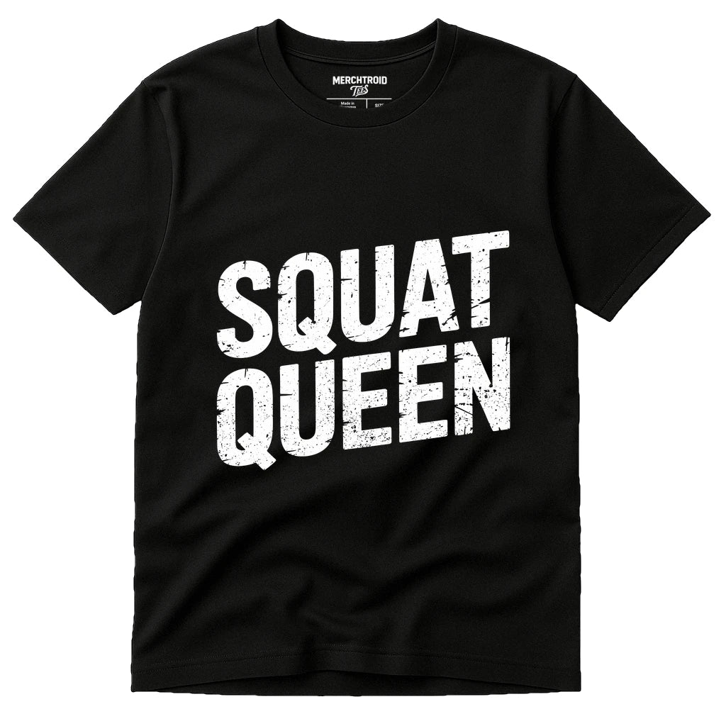 Black Exercise Shirts Mens - "Squat Queen" graphic tee with white print, flat lay product photo