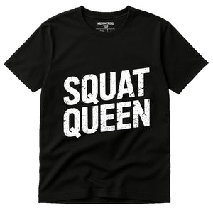 Black Exercise Shirts Mens - "Squat Queen" graphic tee with white print, flat lay product photo