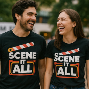 Person wearing the black graphic tee graphic tee - "Scene It All" design