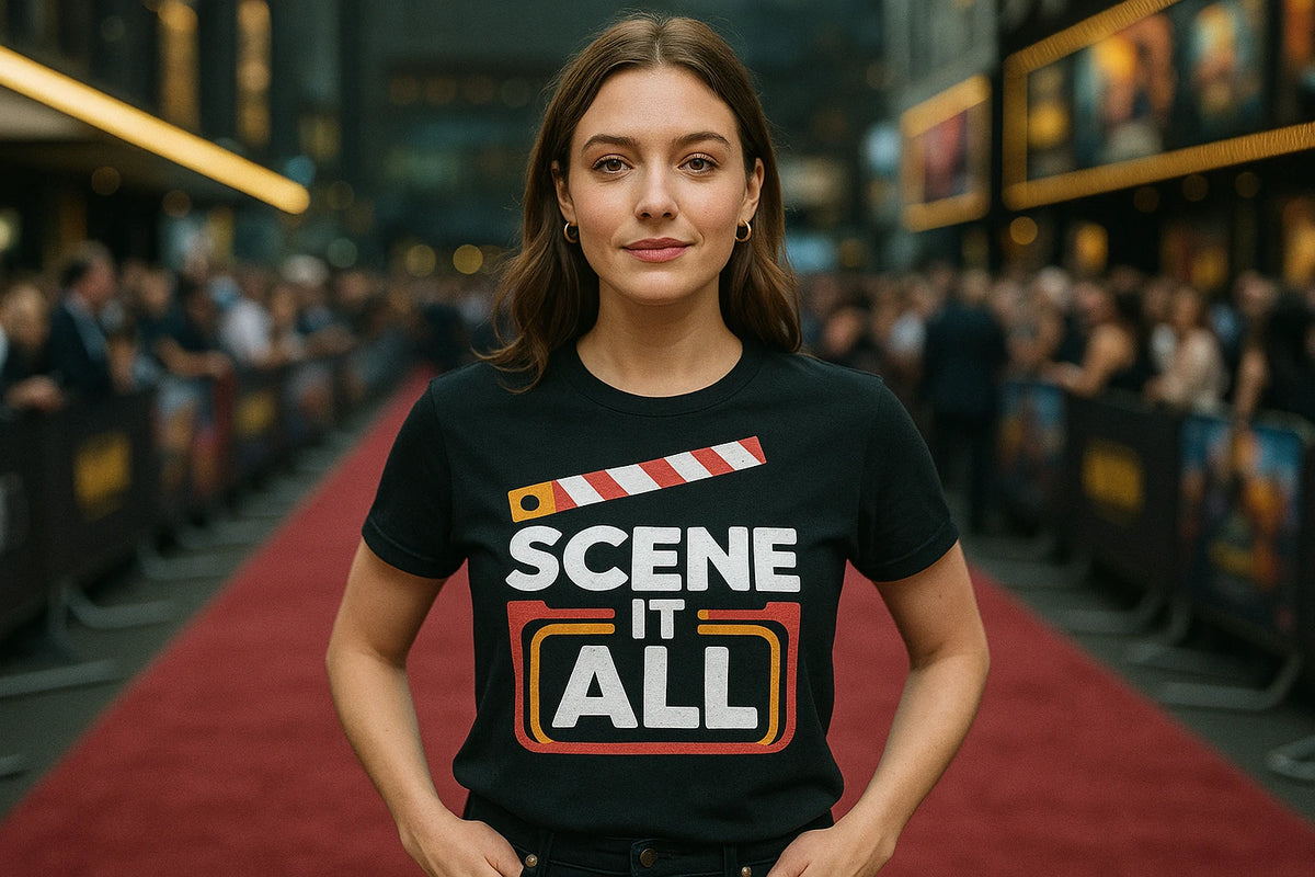 Lifestyle shot of the "Scene It All" black graphic tee in a real-world setting