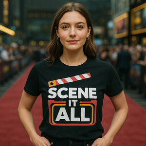 Lifestyle shot of the "Scene It All" black graphic tee in a real-world setting